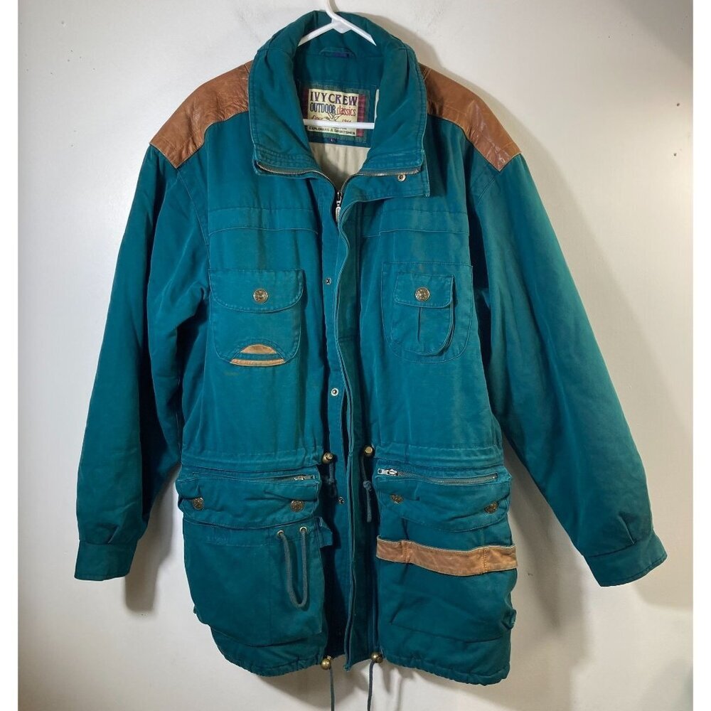 Mens Vintage Ivy Crew Outdoor Classic Lined Chore Coat Leather Trim L